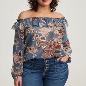 Torrid Floral Off-Shoulder Blouse in Blue and Brown